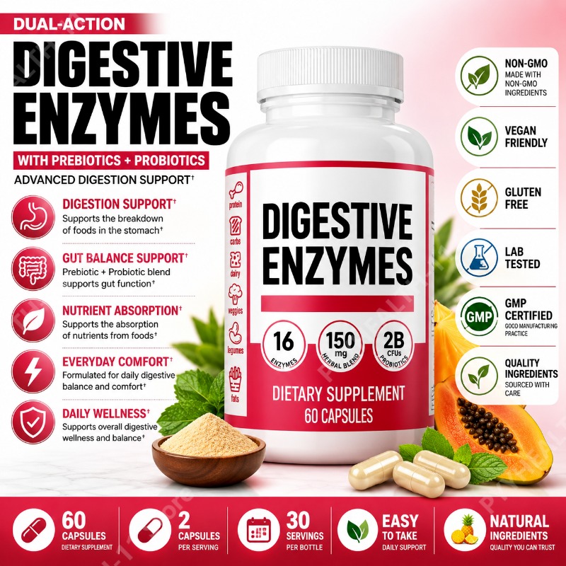 Digestive Enzyme Blend - 프리바이오틱스와 프로바이오틱스가 함유된 소화 효소, 생강과