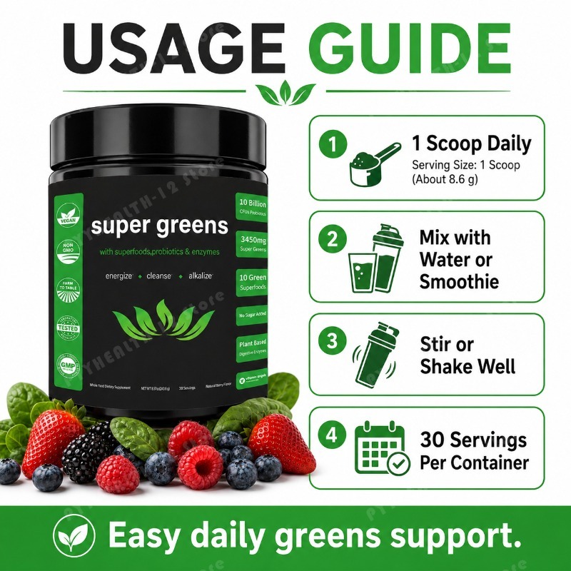 슈퍼 그린스 파우더 (과일 및 채소 블렌드, 프로바이오 - Digestive Enzyme Blend 리뷰 및 가격