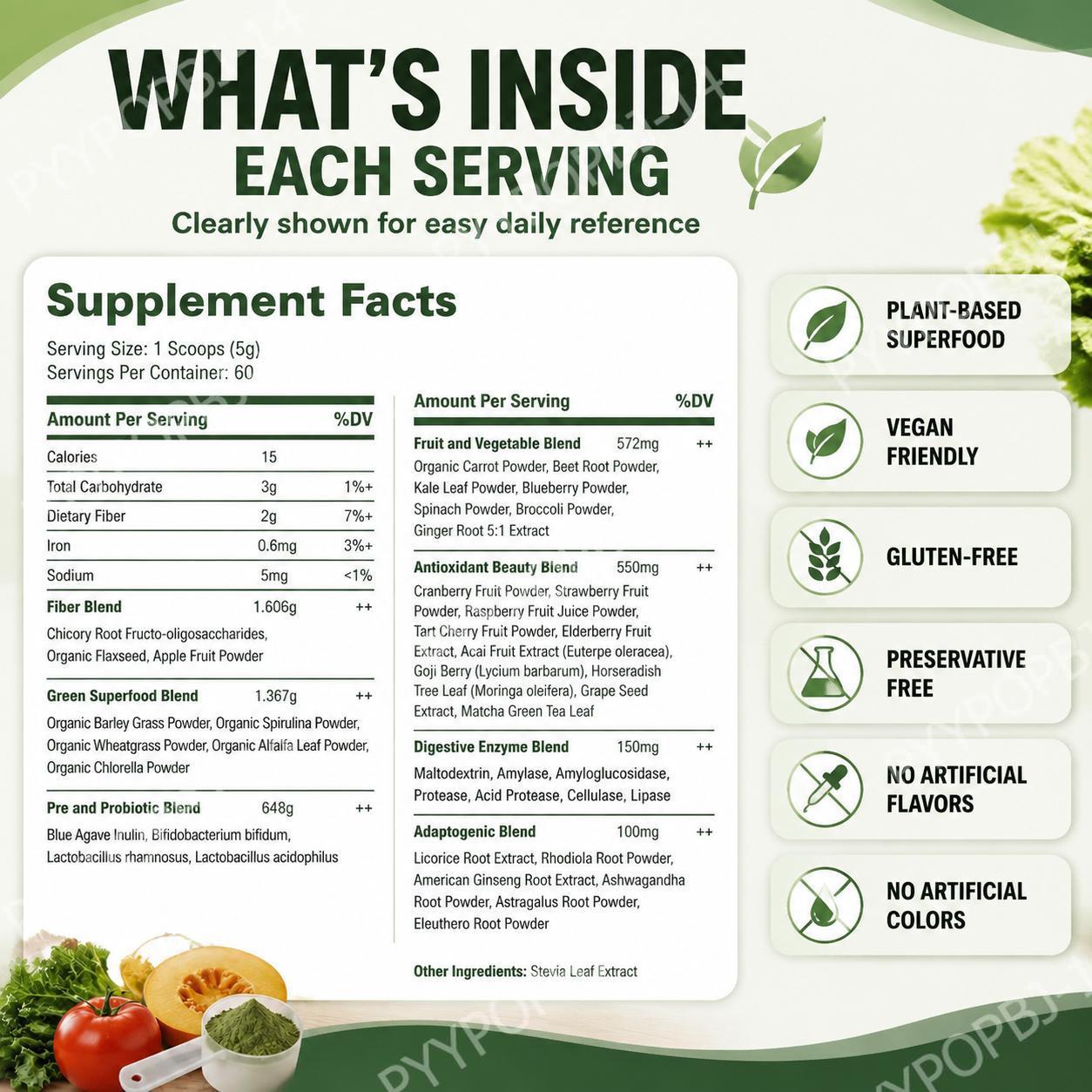 슈퍼 그린스 파우더 유기농 식물성 통합 식품 블렌드,  - Digestive Enzyme Blend 리뷰 및 가격